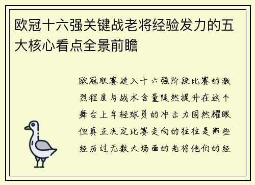 欧冠十六强关键战老将经验发力的五大核心看点全景前瞻 欧冠十六强关键战老将经验发力的五大核心看点全景前瞻